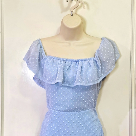 Eilly Bazar Light Blue Raised Dot On/Off Shoulder Ruffle Ruched Dress,Large - Picture 6 of 16